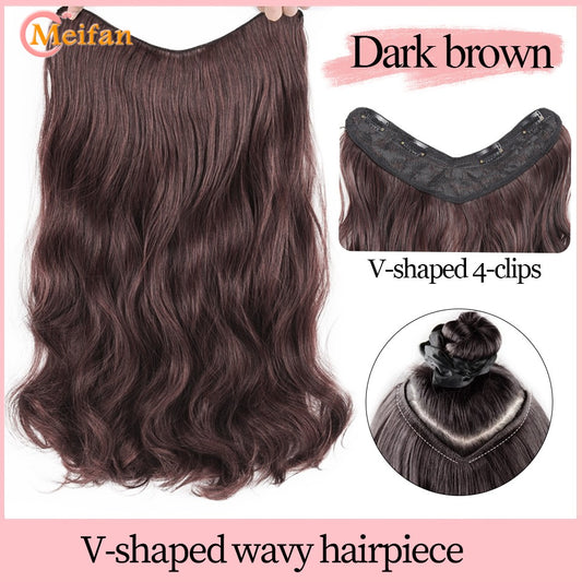?Extensões com Presilha em V Cabelo Sintético Ondulado com 4 Presilhas Castanho Preto Extensões de Uma Peça para Mulheres Uso Diário