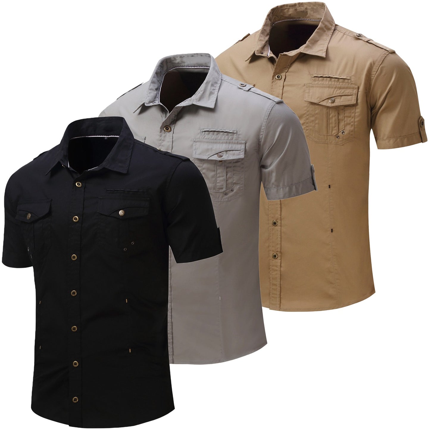 2025 New Fashion Men's Short Sleeve Safari Shirt Tops Summer 100% Cotton Solid Color Casual Cargo Work Shirts with Pocket