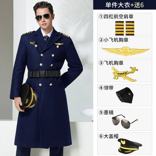 Airline Pilot Men's Woolen Long Jacket Thickened Cotton Wool Blend Trend Coat Air Company Captain Property Concierge Overcoat