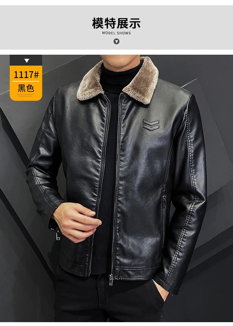 Vintage Brown Leather Jacket Men's Winter Faux Fur Collar Windproof Warm Coat Male Luxury Clothing Brand chaqueta cuero hombre