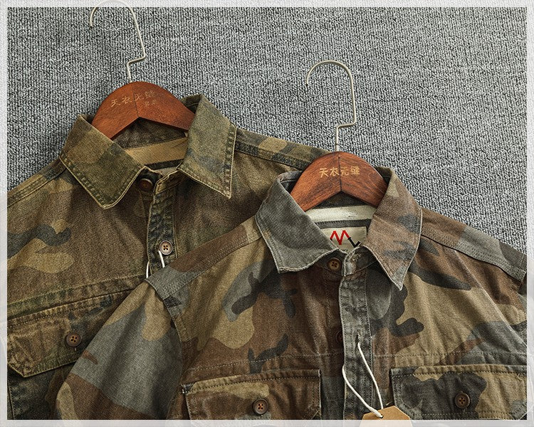 2024 Autumn and Winter New American Retro Woven Camouflage Cargo Shirt Men's 100% Cotton Washed Old Double Pockets Thin Jacket
