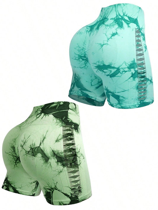 2pcs Tie Dye Mesh Yoga Pants Shorts High Waisted Hip Lifting Quick Drying Outdoor Sports Running Fitness Biker Trousers