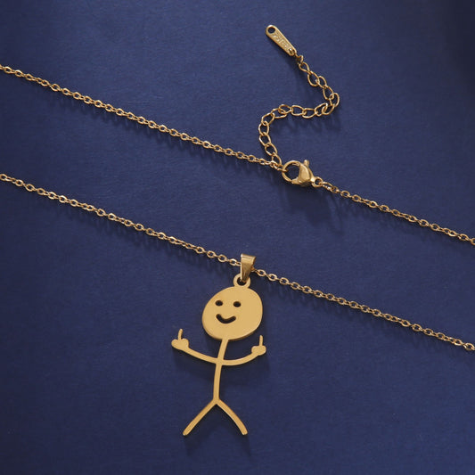 Skyrim Hip Hop Doodle Necklace for Men Women Stainless Steel Long Neck Chain Fashion Middle Finger Stickman Jewelry New