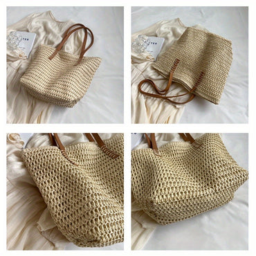 Fashionable and Versatile Women's Woven Bag with Zipper for Travel, Large Capacity Beach Bag, Handbag