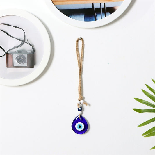 Good Luck Charm Glass Car Decoration Rear View Mirror Evil Eye Hemp Rope Navy Blue Hanging Ornament