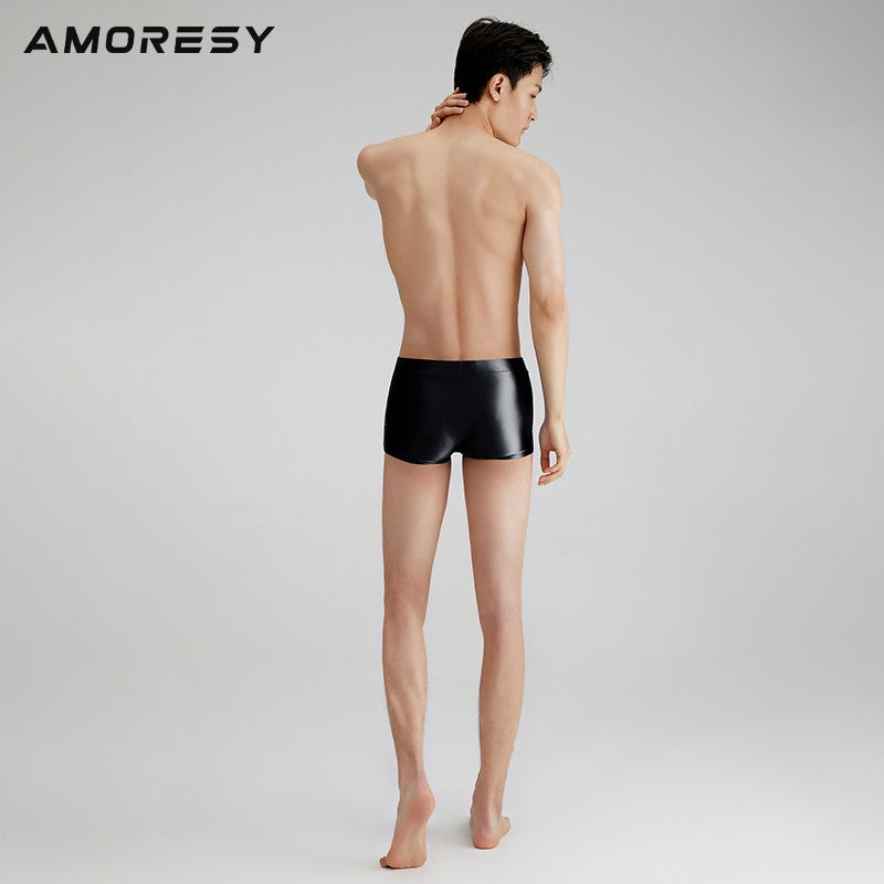 AMORESY Men's Satin Glossy Boxer Shorts Breathable High Elastic Sports Thin Soft Brief Swimming Fitness Solid Leggings Underwear
