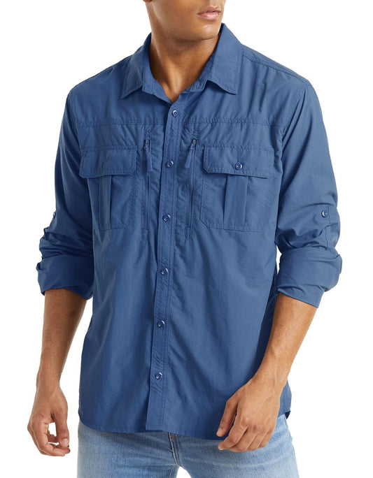 TACVASEN With 2 Chest Zipper Pockets Cargo Shirt Men's Quick Drying Skin Protective Long Sleeve Work Shirt Male Tops Outdoor