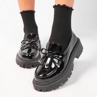 2025 Plus Size 42 Summer Black Vintage Platform Flats Shoes Women Easy To Put on Butterfly Knot Med Heels Loafers Daily Shoes