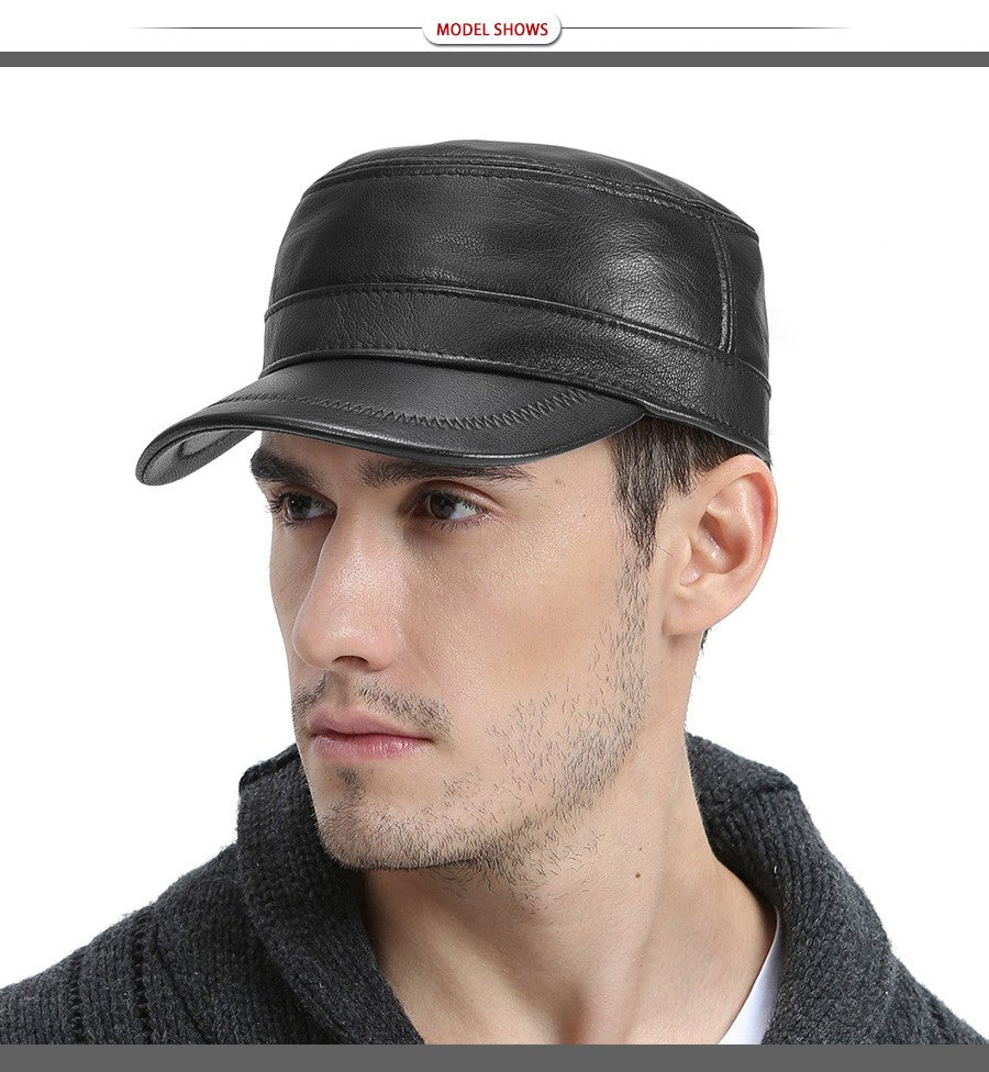 VOBOOM Winter Leather Cadet Army Cap Cabbies Adjustable Soft Flat Top Military Style Hat for Men