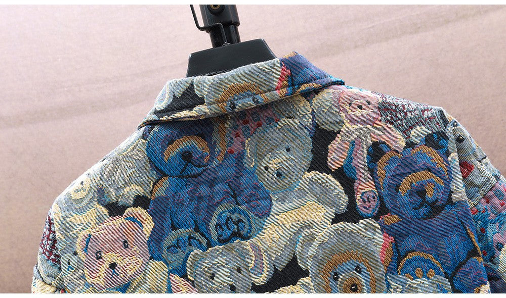 Men Teddy Bear 3/4 Sleeve Jacket Fashion Animal Pattern Coat Jacquard Woven Top Outerwear