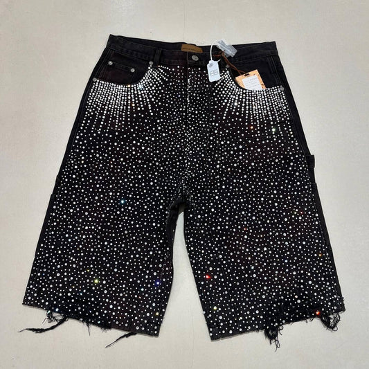 Vintage Sequin Denim Shorts Y2K Jeans Hip Hop Rhinestone Sequin Vintage Denim Shorts Low Rise Over The Knee Pants Casual Shorts