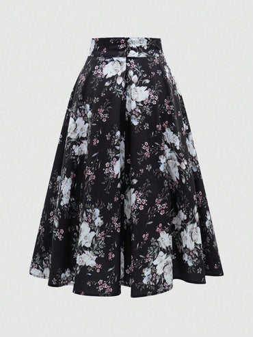 A lady's elegant half skirt with a bow tie and large flowers