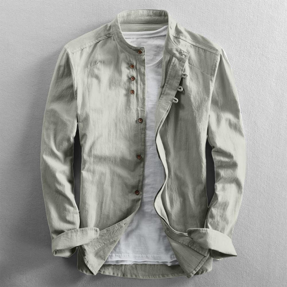 Japan Style Men Cotton Linen Shirt Long Sleeve Slim Fit Single-breasted Cardigan Shirt Harajuku Stand Collar Men Casual Shirts
