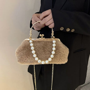 New suede pearl fashionable handbag small shoulder bag,metal handle highlights noble temperament,pearl chain adds elegant charm