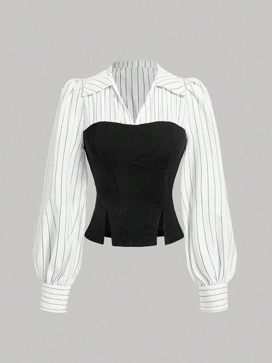 Women Elegant Striped Shirt Business Casual Office Blouse with Lapel Spliced Design Fashion Slim Fit Work Shirt