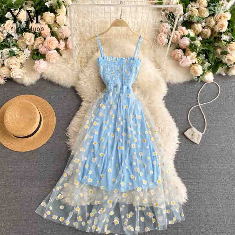 YuooMuoo Korean Fashion Daisy Flower Print Mesh Party Dress Summer Two Layers Sp