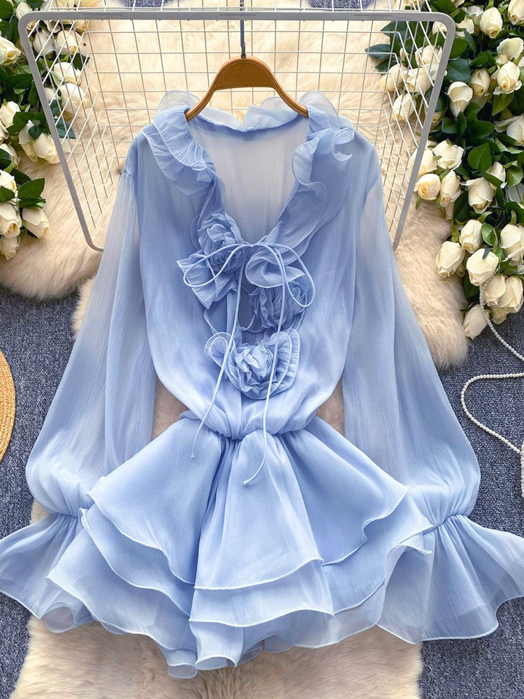 SINGREINY 3D Floral Beach Short Dress Female Long Sleeves Lace Up Ruffle Chiffon