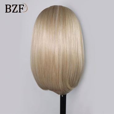 12Inch Platinum Blonde Highlight Short Bob Wigs Dark Roots Synthetic Lace Front Colored Straight Blonde Wig For Women Daily Use