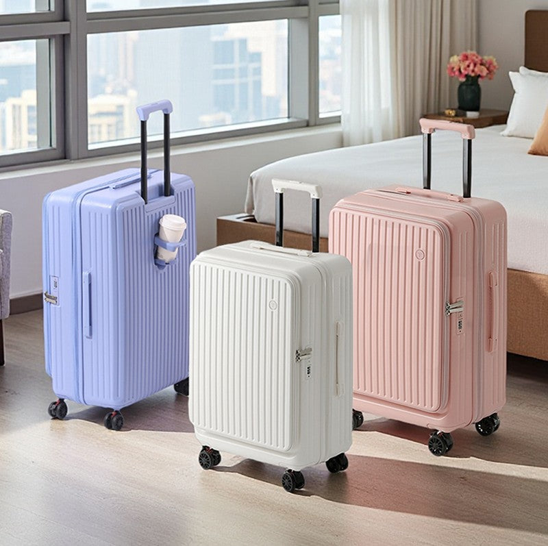 Large Capacity Expandable Suitcase Multi-Function Side Opening Luggage Boarding Case Cup Holder Shock-Absorbing Brake Wheels