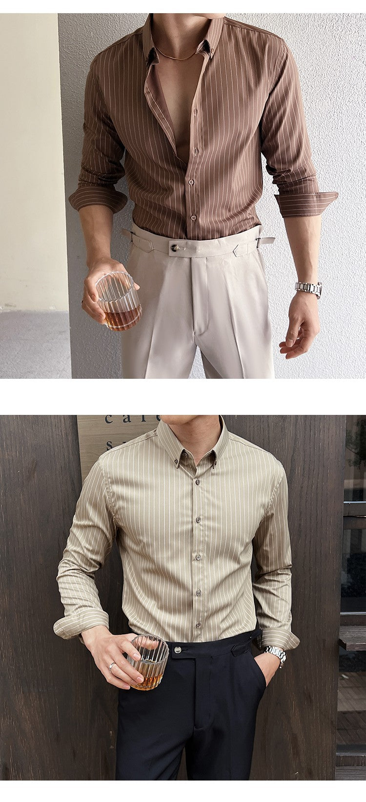 Striped Shirts for Men High-quality 2025 Autumn New Solid Business Casual Long Sleeved Elastic Slim Fit Dress Shirt Men Clothing