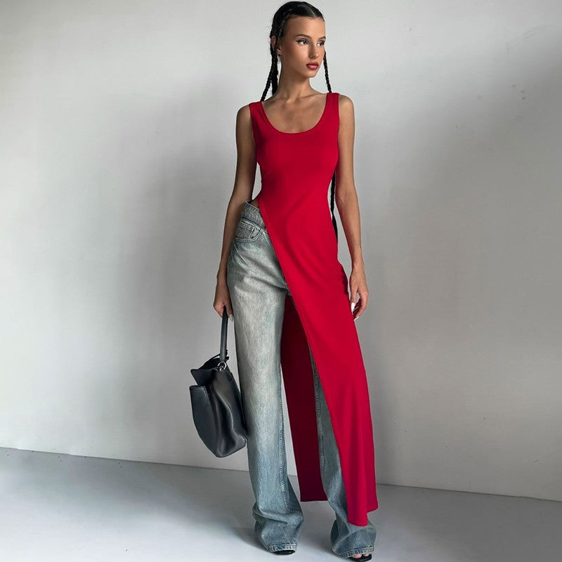 2025 Sexy Sleeveless Side High Split Dress Solid Backless Women Midi Dresses Sum