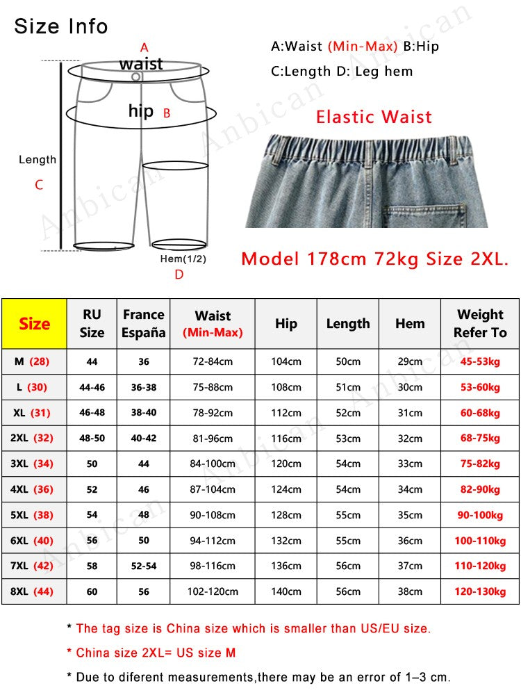 Men's Summer Denim Cargo Shorts Big Size 8XL 7XL 6XL Elastic Waist Straight Baggy Jeans Shorts