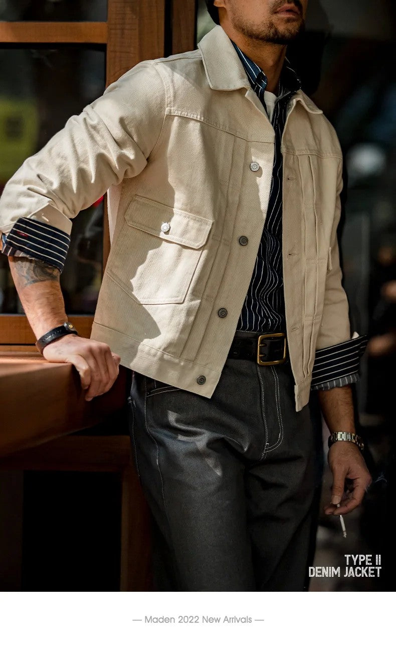Maden Retro Type II Denim Jackets Beige Cotton Washed Denim Coats for Men's Autumn Versatile Single-breasted Lapel Outwear