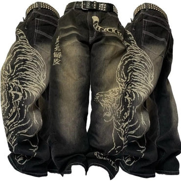 Y2K Fashion New Oversize Pocket Letter Embroidered Baggy Jeans Women High Street Vintage Hip Hop Popular Casual Wide-leg Pants