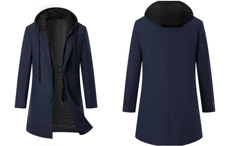 Men's Thickened Fake Two-Piece Wool Blend Overcoat, Hooded Long Coat Man, Autumn Winter Solid Color Slim Windbreaker Men