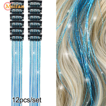 12Pcs/set Hair Tinsel Clip in Glitter Tinsel Hair Extensions Synthetic Shiny Sparkling Fairy Hair Tinsel Party Hair Accessories
