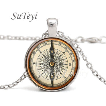 Vintage Round Glass Cabochon Jewelry Steampunk Compass Pendant Necklace For Men Women