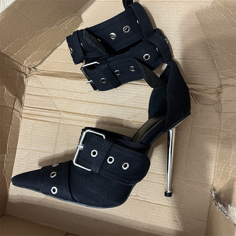 Denim Metal Rivet Buckle Silver Sandals Women's Sexy Punk Style Pointed Metal Hollow 12cm High Heels Size 34-43 Womens Shoes