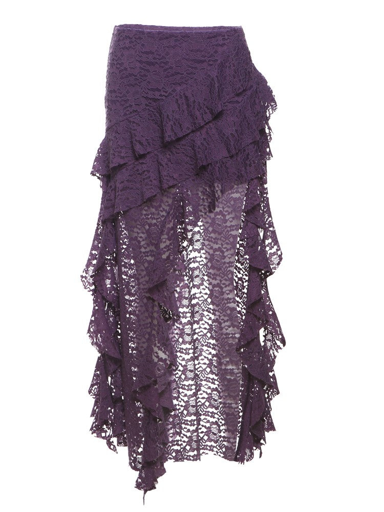 Nibber Tassels Women Skirts Irregular Hem Multi-Layered Ruffles Lace Patchwork S