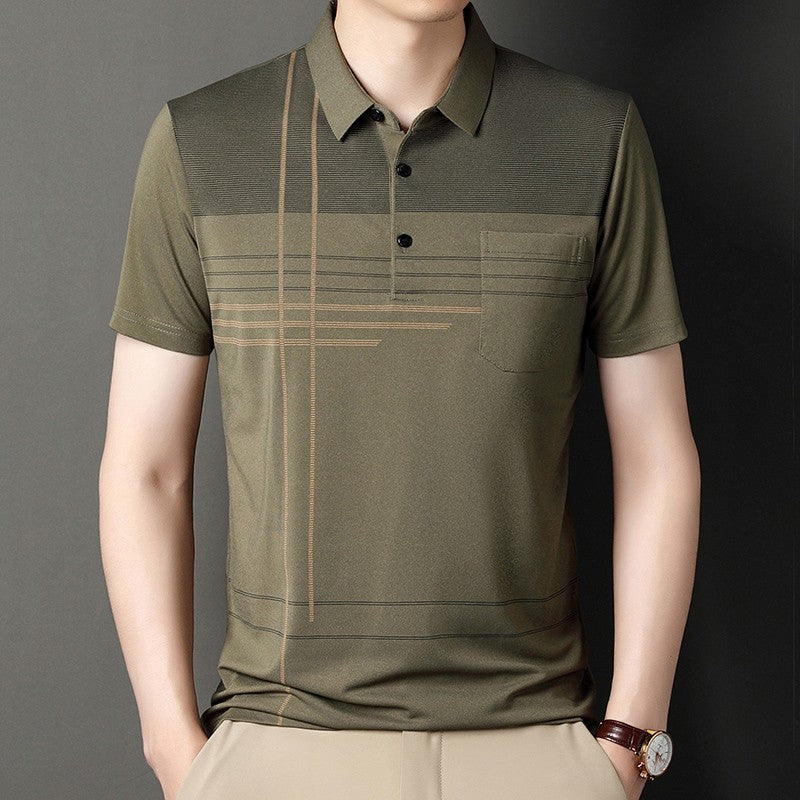 Summer New Men's Color Blocking Polo Shirt Pocket Button Up T-shirt Casual Slim Fit Comfortable Short Sleeved Breathable Top