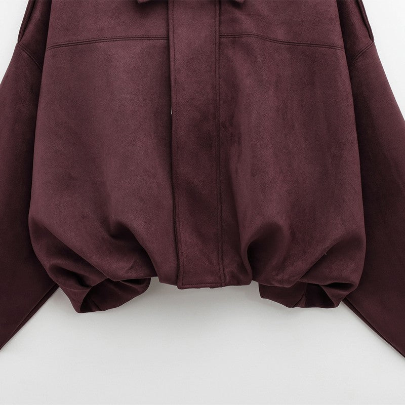 HXAO Women's Bomber Jacket Lapel Long Sleeve Zipper Suede Jacket Women 2025 High Street Cropped Racing Jackets Coats Outerwears