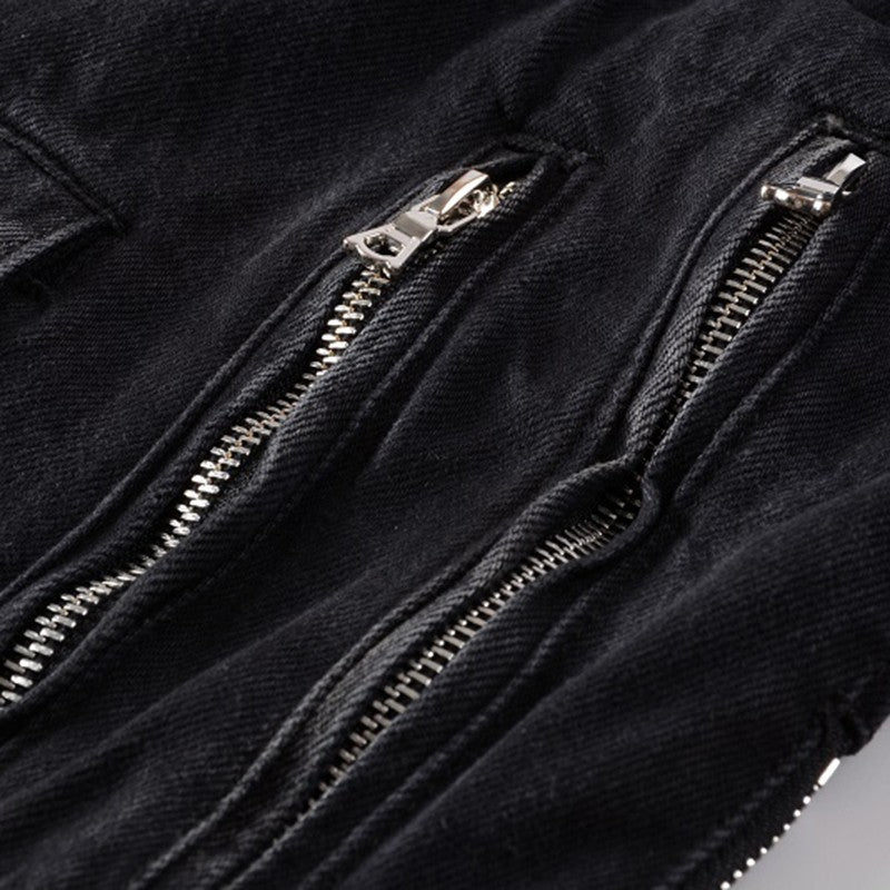 Sokotoo Men's zippers black biker jean jacket Streetwear thick denim slim coat with belt High quality