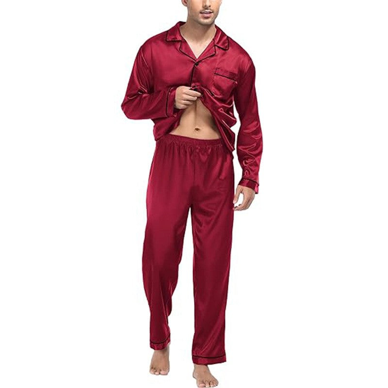 2PCS/Set Plus Size Solid Long-Sleeved Pyjamas Men Spring and Autumn Silk Sleepwear Homewear Cardigan Lapel Trousers Nightwear