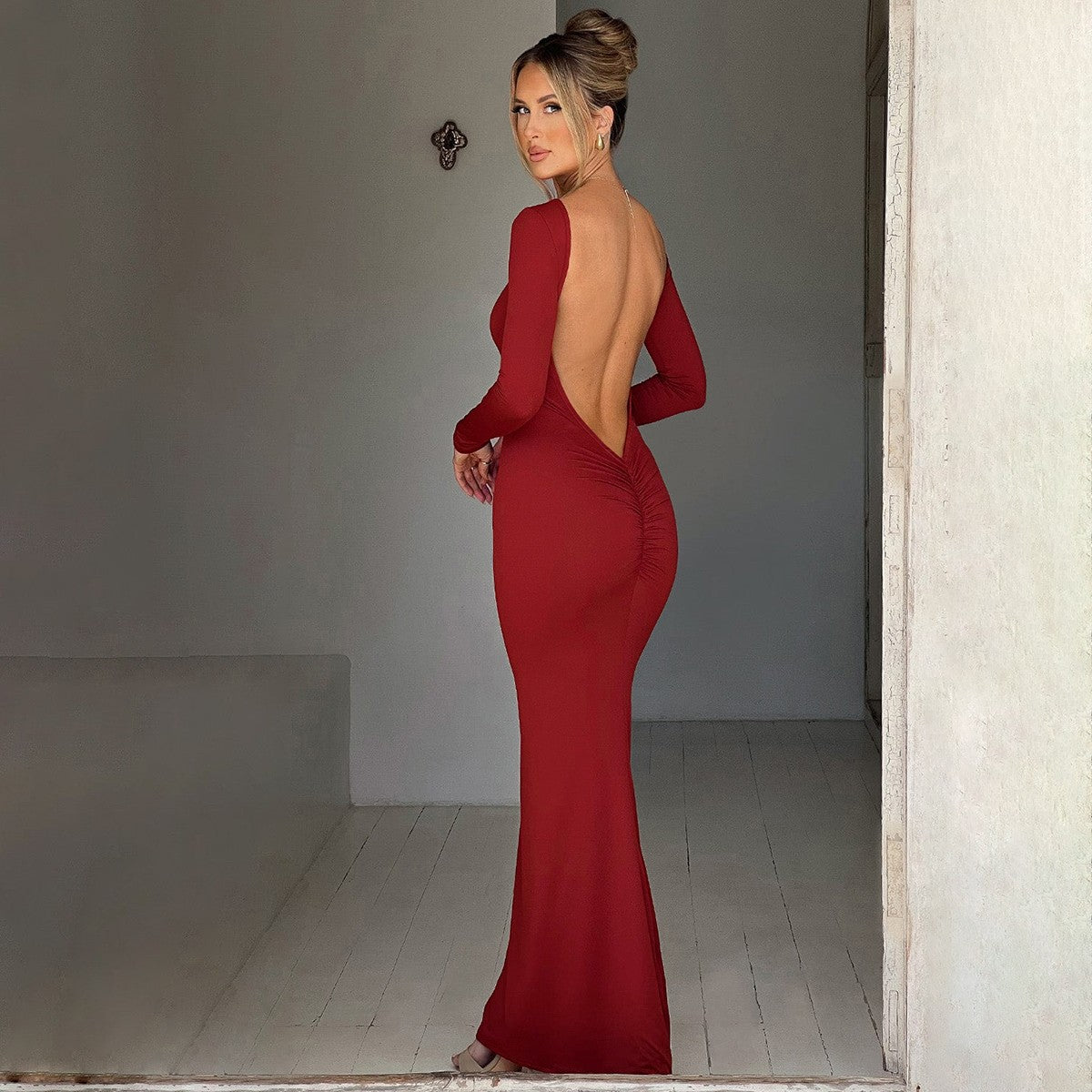 Hugcitar Spring Elegant Long Sleeve Backless Solid Cuched Sexy Bodycon Maxi Prom