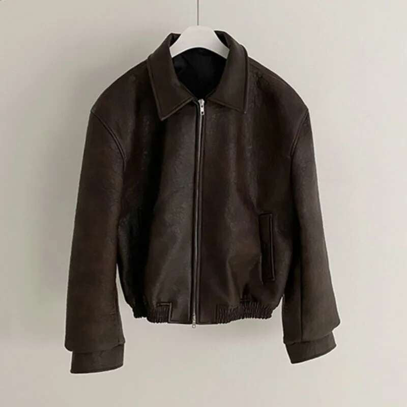 IEFB Short PU Leather Coat Men's Spring Summer Loose Turn-down Collar Coat Korean Style Trend Male Jacket Casual Top 9C5013