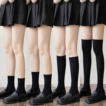 JK Women Black White Knee High Lolita Socks Lady Girls Over Knee Cute Long Sock Thin Breathable Solid Color Stockings For Women