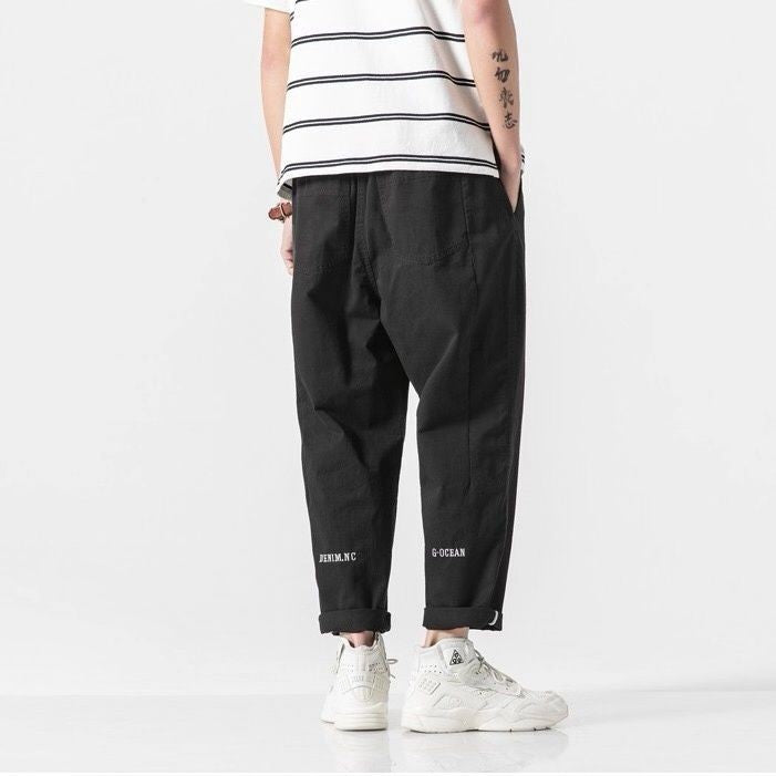 100% Cotton Casual Summer Pants With Belt Men Straight Baggy Ankle-Length Cargo Trousers Wide Leg Sweatpants Male Streetwear