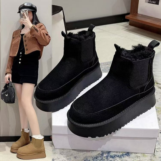 2024 Winter New Leather Thick Sole Chelsea Snow Boots Women's Fashion All-in-one Thick Fleece Warm Snow Cotton Shoes