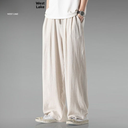 Summer Large Size Linen Cotton Wide Leg Pants Men Casual Comfortable Loose Fit Straight Leg Trousers Long Pants
