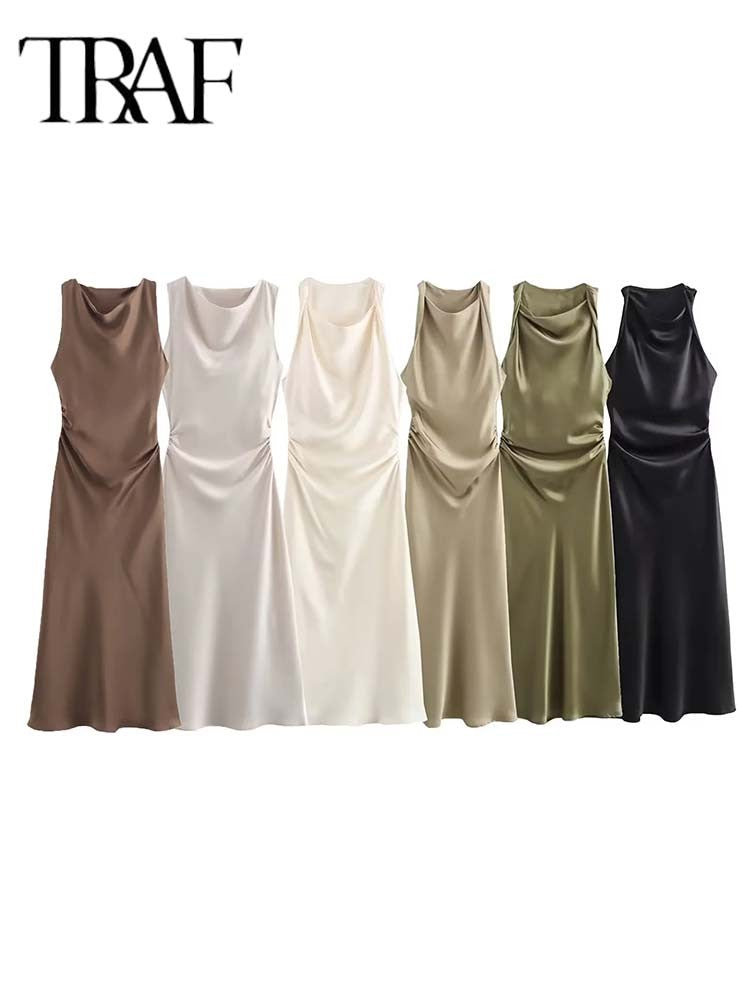 TRAF Satin Long Dresses for Women 2024 Summer Slip Midi Dress Woman Sexy Evening