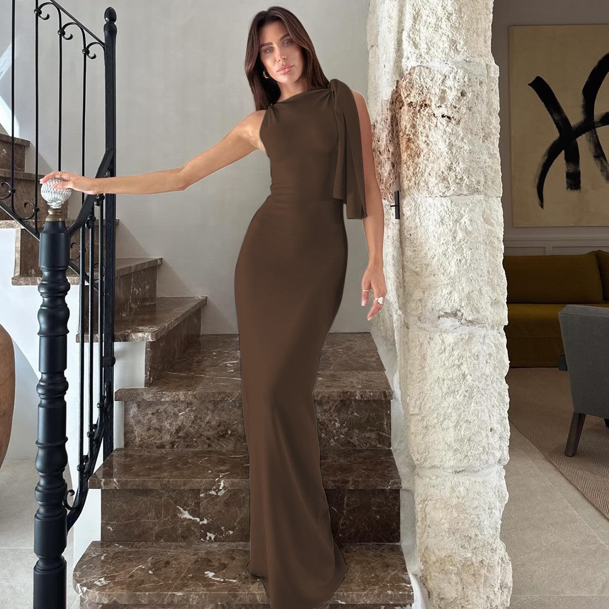 Hugcitar Fashion Solid O Neck Sleeveless Patchwork Sexy Bodycon Maxi Prom Dress