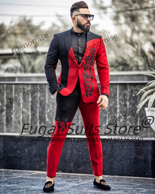 Fashion Customized Red Black Men Suits Splicing Color Appliques Male Prom Blazers 2 Pieces Sets Luxuly Groom Tuxedos Ropa Hombre