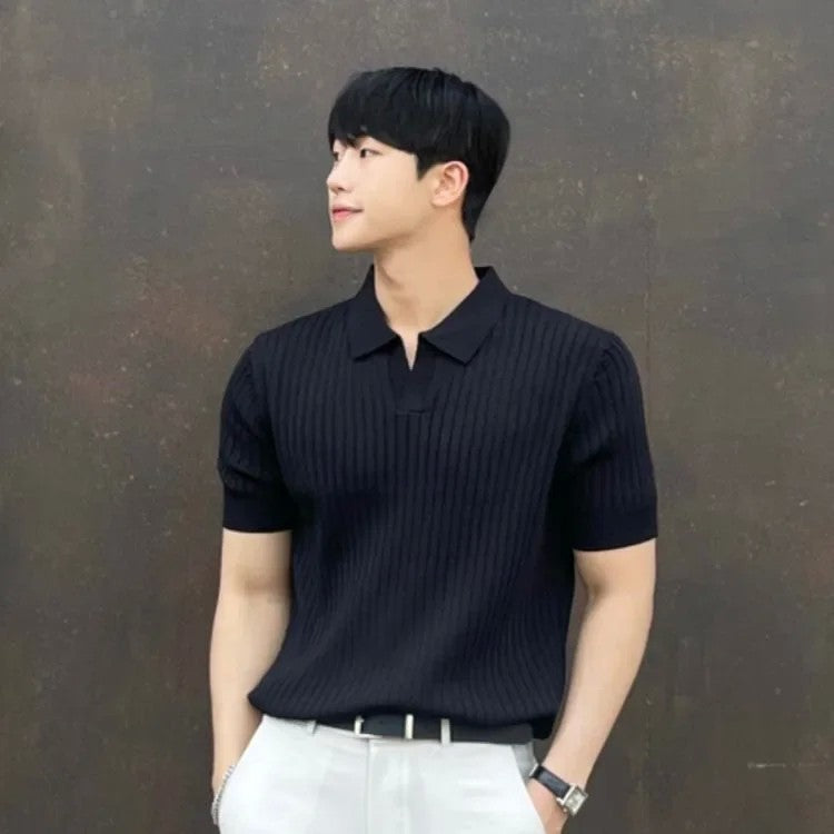 Trendy Polo Shirt For Men Summer Solid Color Top Versatile Knit Style Korean Short Sleeves Casual Fashion T-shirt