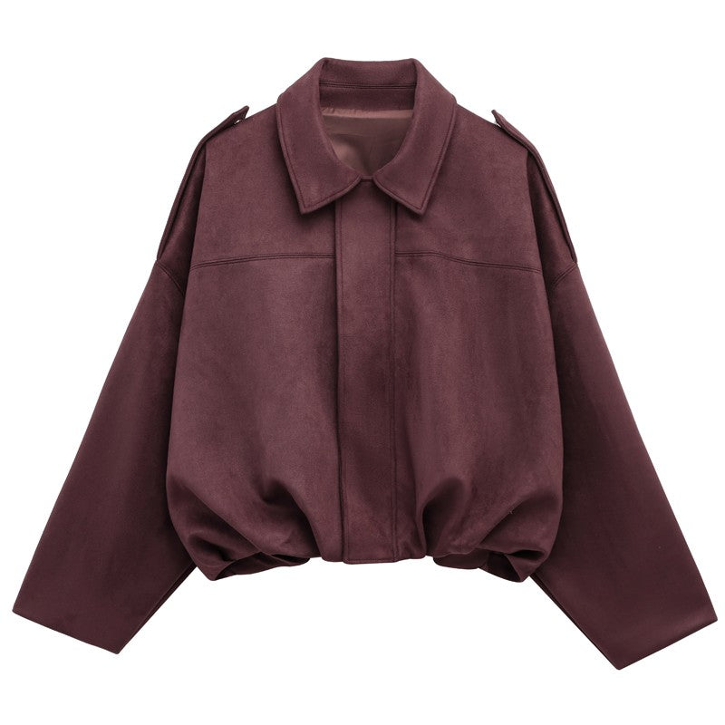 HXAO Women's Bomber Jacket Lapel Long Sleeve Zipper Suede Jacket Women 2025 High Street Cropped Racing Jackets Coats Outerwears