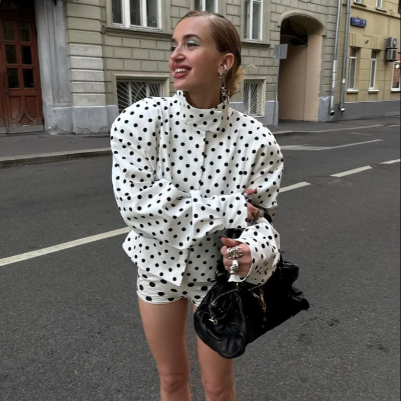 Polka Dot Stand Neck Short Jackets Women Fashion Long Sleeve Patchwork Contrast Slim Coats Casual Lady Street Commute Outerwear