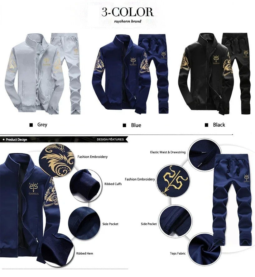Winter Men's Sports Suit with Fleece and Warm Standing Collar Jacket+men's Drawstring Sports Pants Fashionable Printed Men's Set